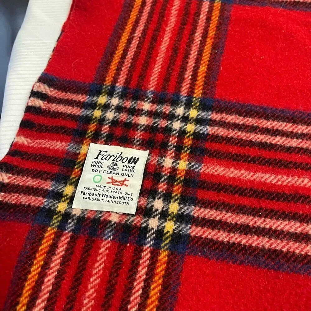 Faribo Wool Fringed Throw Lap Blanket Red Tartan Plaid Wool